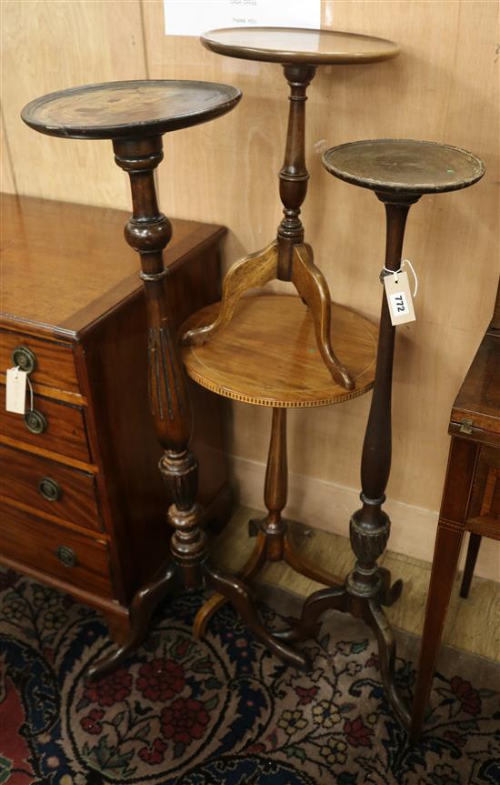 Two tripod wine tables and two torcheres W.21cm, 30cm, 29cm and 38cm